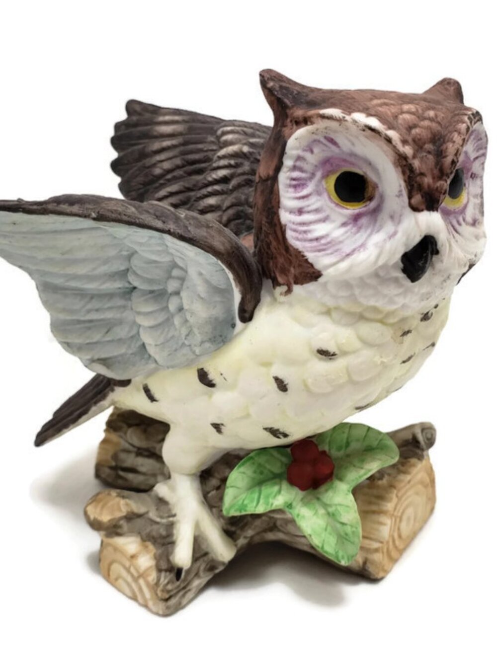 Vintage Horned Owl on Log Figurine Ceramic 4in Brown White Holly Oak Wings Out